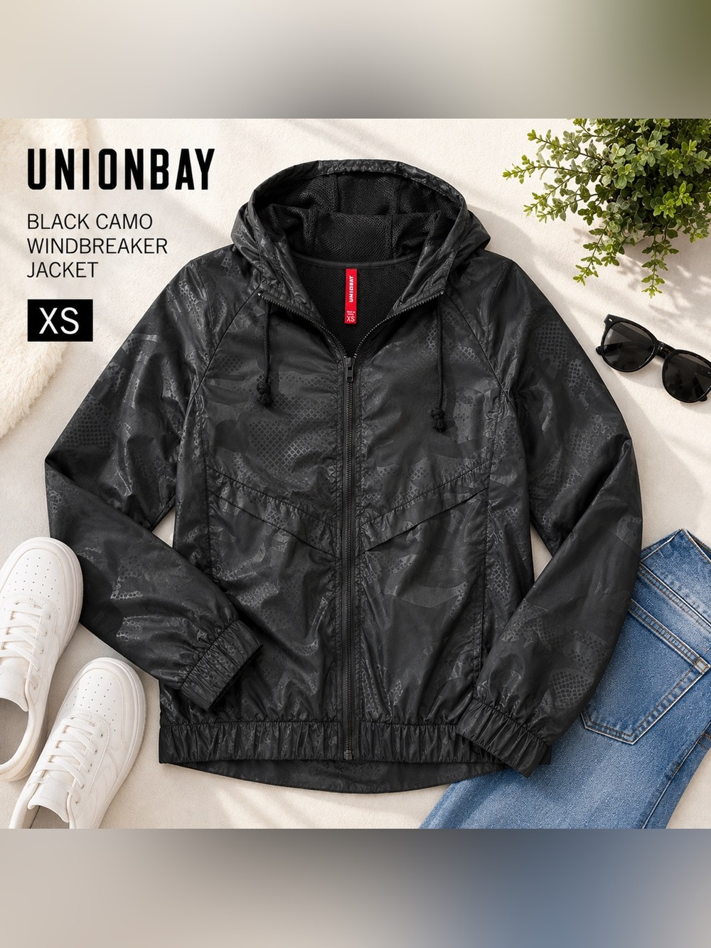 UNIONBAY Black Camo Lightweight Hooded Windbreaker Jacket XS